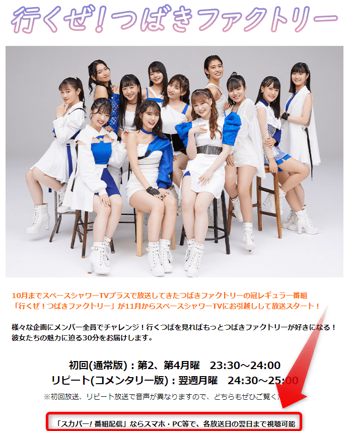 行くぜ！つばきファクトリーはスカパー番組配信で見逃し視聴可能